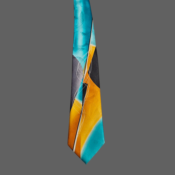 Arrow Abstract Geometric Tie Turquoise Yellow Gray Silk 3.75” Wide Made in China - Picture 2 of 7